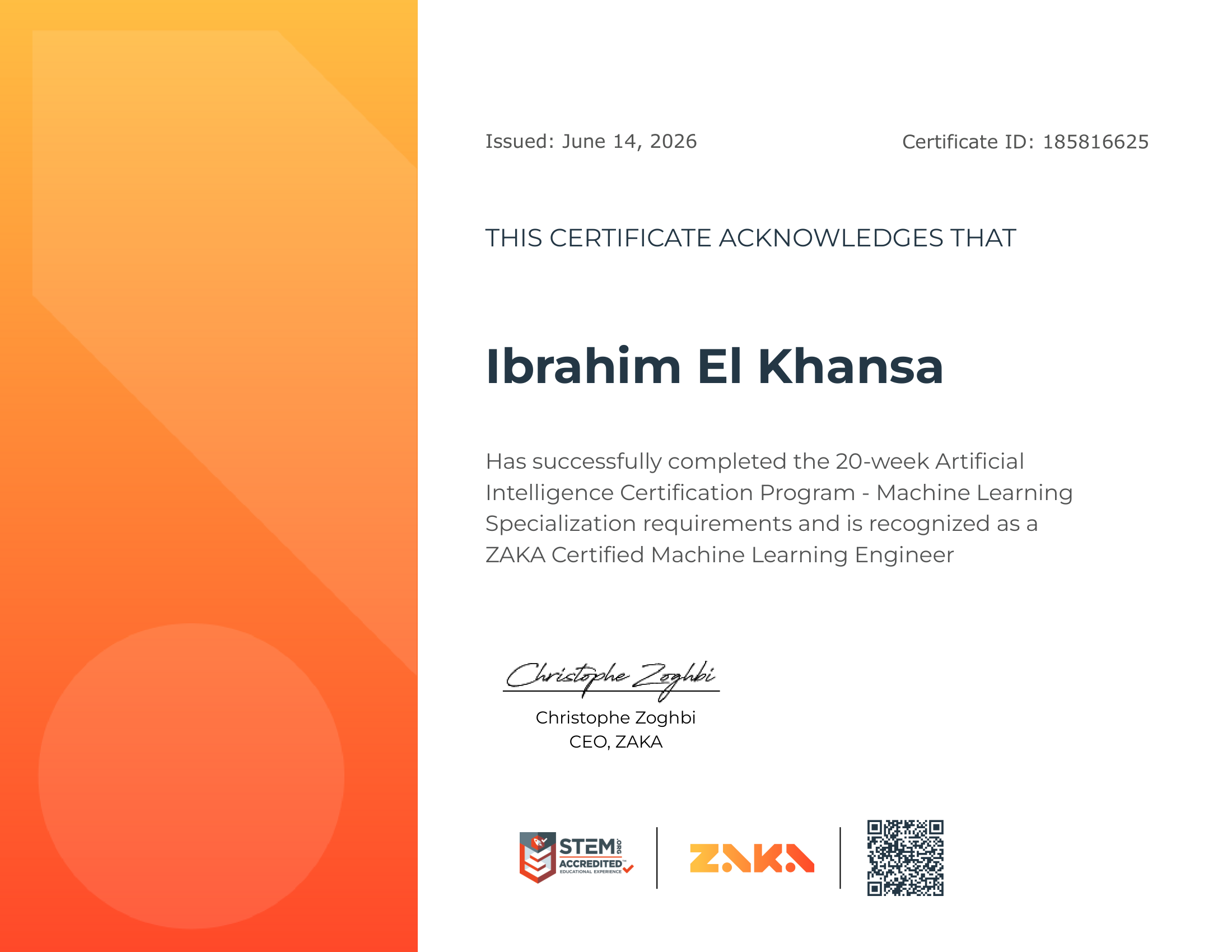 ZAKA Certified Machine Learning Engineer certificate, issued by ZAKA in June 2026